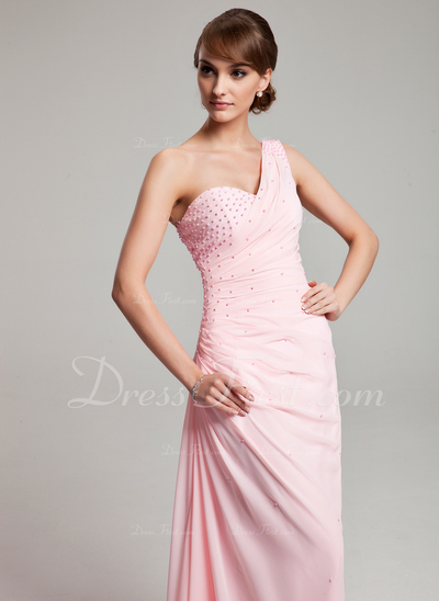 Sheath One-Shoulder Floor-Length Chiffon Prom Dress With Ruffle Beading (018004880)