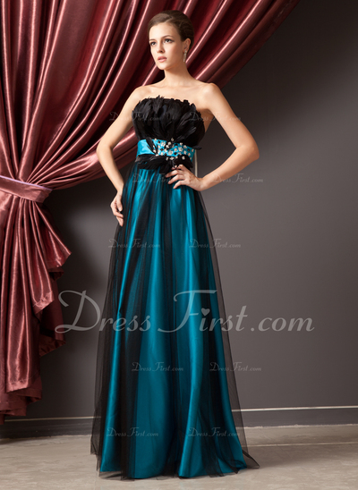 A-Line/Princess Strapless Floor-Length Satin Tulle Prom Dress With Beading Feather (018014241) A-Line/Princess Strapless Floor-Length Satin Tulle Prom Dress With Beading Feather (018014241)