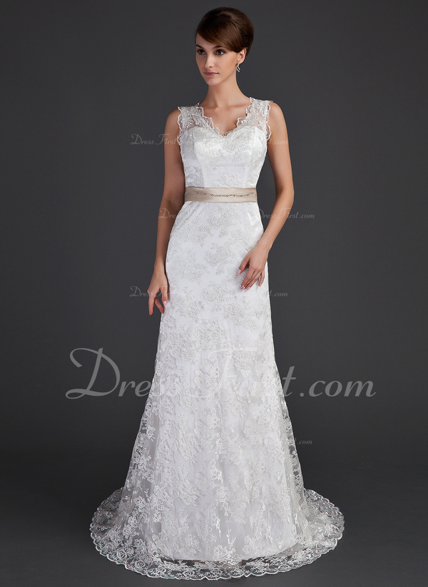 ALine/Princess Vneck Court Train Lace Wedding Dress With Sash Beading