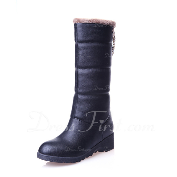 Leatherette Low Heel Platform Knee High Boots Mid-Calf Boots With Chain shoes (088033074 