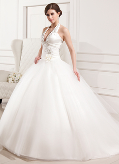 Ball-Gown Halter Sweep Train Satin Tulle Wedding Dress With Ruffle Lace Flower(s) (002012183)
