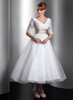 A-Line/Princess V-neck Ankle-Length Satin Tulle Wedding Dress With Lace Sashes Beadwork (002014739)