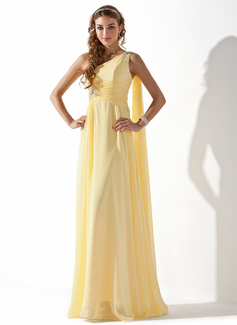 A-Line/Princess One-Shoulder Floor-Length Chiffon Holiday Dress With Ruffle Beading (020013793)
