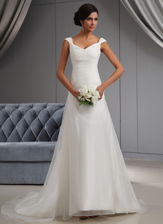A-Line/Princess Off-the-Shoulder Chapel Train Organza Wedding Dress With Ruffle
