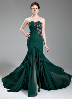 Havfrue Sweetheart Court Brudeslep Chiffon Festkjole med Frynse Blonde Beading Paljetter (017019743)