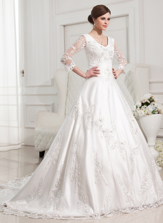 Ball-Gown V-neck Chapel Train Satin Tulle Wedding Dress With Lace Beadwork (002012846)