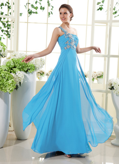 A-Line/Princess One-Shoulder Floor-Length Chiffon Holiday Dress With Ruffle Beading Appliques 