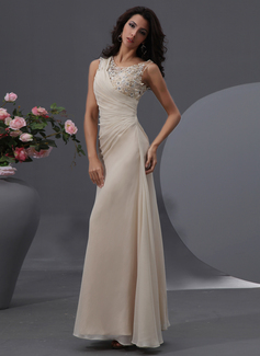 Sheath Scoop Neck Floor-Length Chiffon Tulle Prom Dress With Ruffle Beading Flower(s) (018022747)