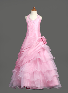 A-Line/Princess Scoop Neck Floor-Length Taffeta Organza Flower Girl Dress With Ruffle Beading Flower(s) Sequins