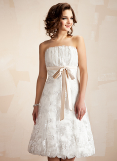 A-Line/Princess Scalloped Neck Tea-Length Satin Lace Wedding Dress With Ruffle Sashes (002011527)