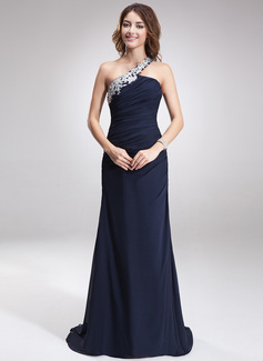 Sheath Sweep Train Chiffon Evening Dress With Lace Beading 