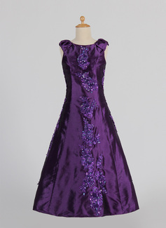 A-Line/Princess Scoop Neck Floor-Length Taffeta Flower Girl Dress With Lace Beading Sequins