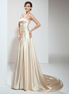 A-Line/Princess Strapless Court Train Charmeuse Wedding Dress With Ruffle Beadwork (002011708)